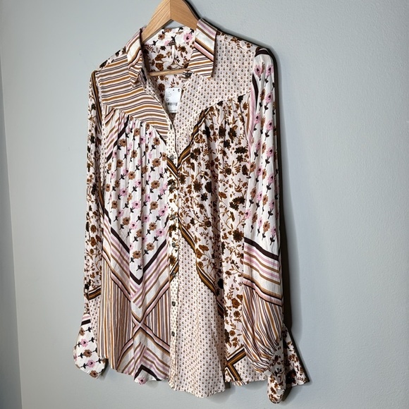 Free People Hazel Buttondown Oversized Top in Tea Combo Size Medium NWT - Picture 6 of 9